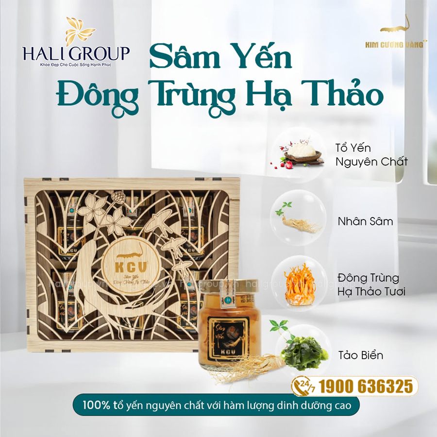 thành phần Sâm Yến Đông Trùng Hạ Thảo Kim Cương Vàng Hộp Gỗ