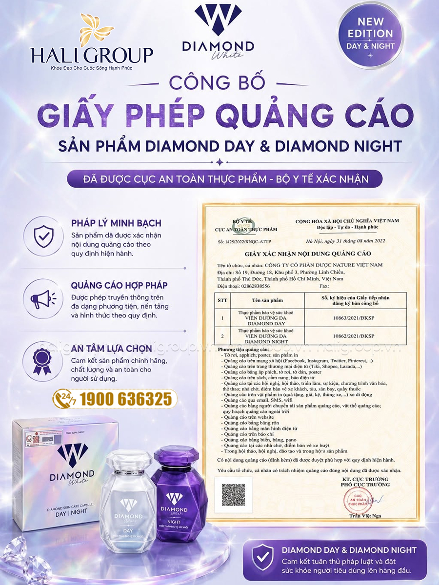 giấy phép quảng cáo viên uống dưỡng da diamond white day & night mẫu mới