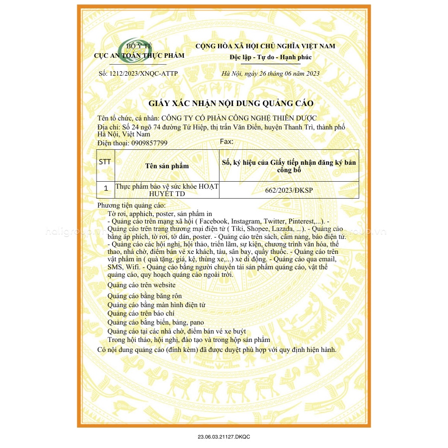 giấy quảng cáo hoạt huyết td