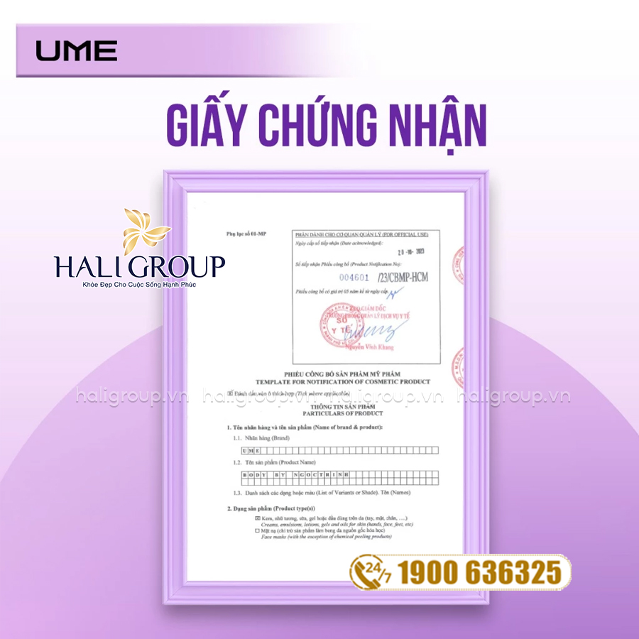 giấy chứng nhận kem body ume ngọc trinh