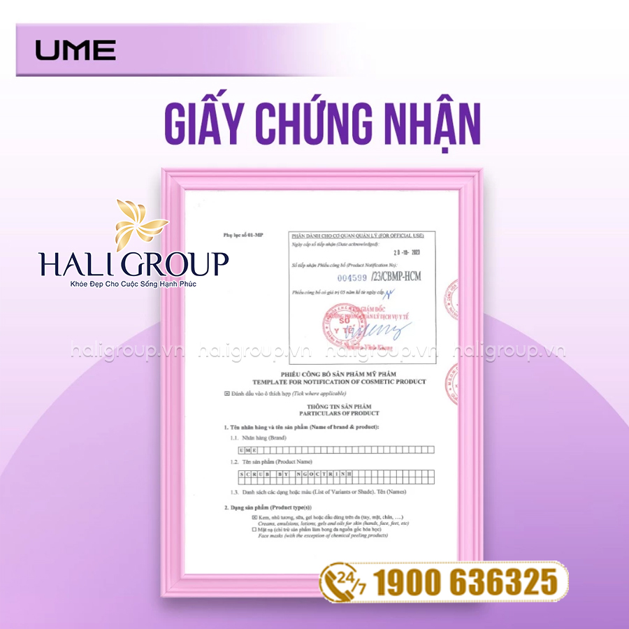giấy chứng nhận Kem Ủ Sáng & Tẩy Tế Bào Chết UME 2 Trong 1