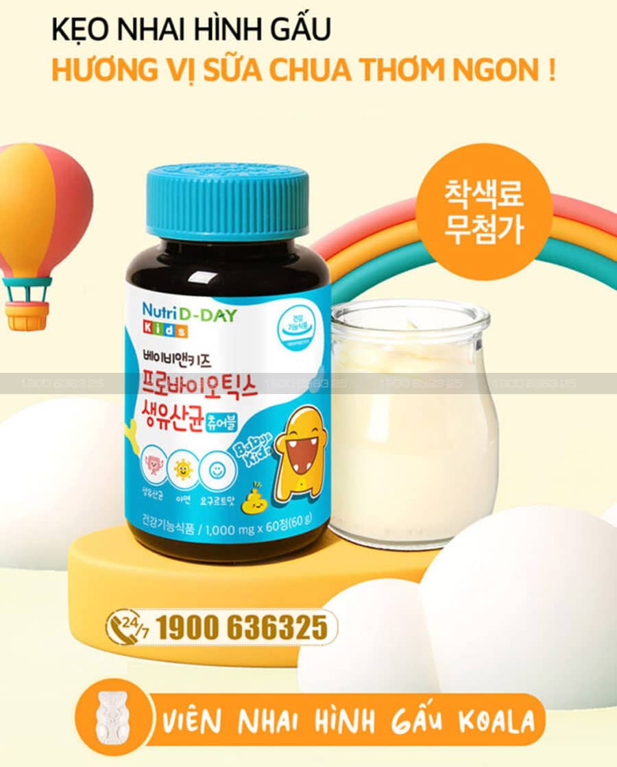 Kẹo Sữa Chua Lợi Khuẩn Cho Bé Nutri D-Day Baby & Kids Probiotics được bán niêm yết với giá: 440.000đ/Hộp 60 Viên