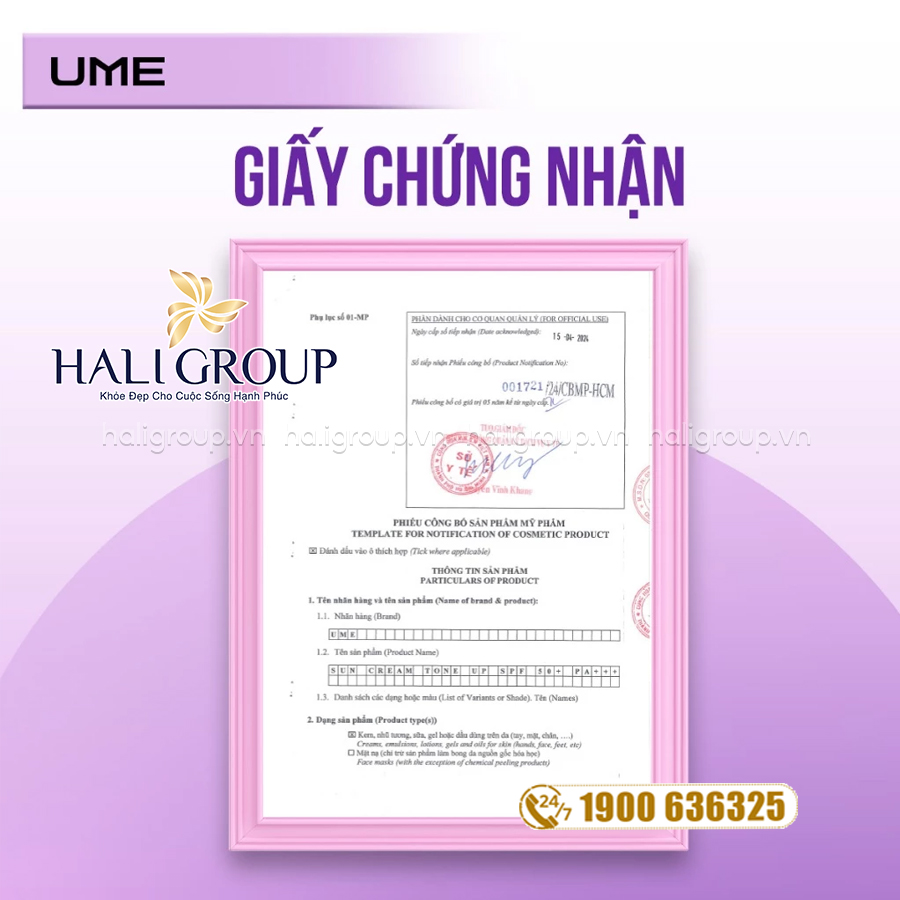 giấy chứng nhận kem chống nắng ume ngọc trinh
