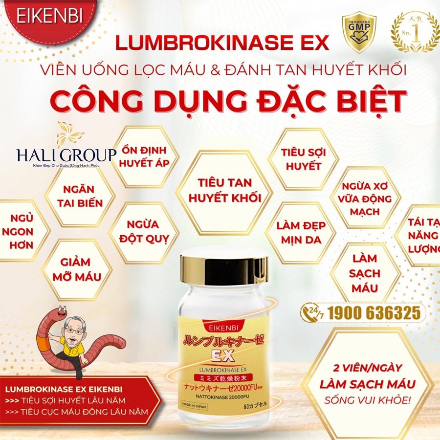 công dụng Viên Uống Lọc Máu & Đánh Tan Huyết Khối Lumbrokinase Ex Eikenbi Nhật Bản