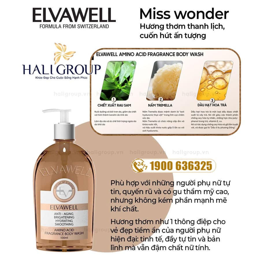 thành phần Sữa Tắm Nước Hoa Nuôi Dưỡng Cấp Ẩm Elvawell – Amino Acid Fragrance Body Wash – Miss Wonder