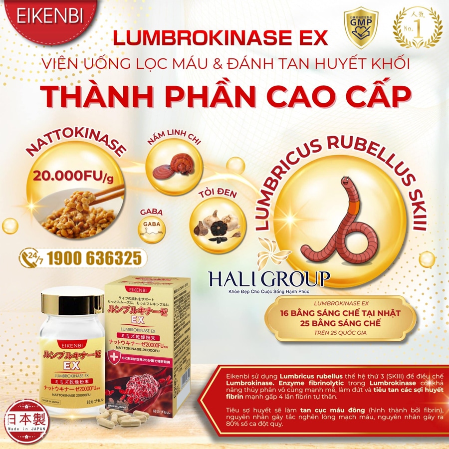 thành phần Viên Uống Lọc Máu Lumbrokinase Ex Eikenbi Nhật Bản