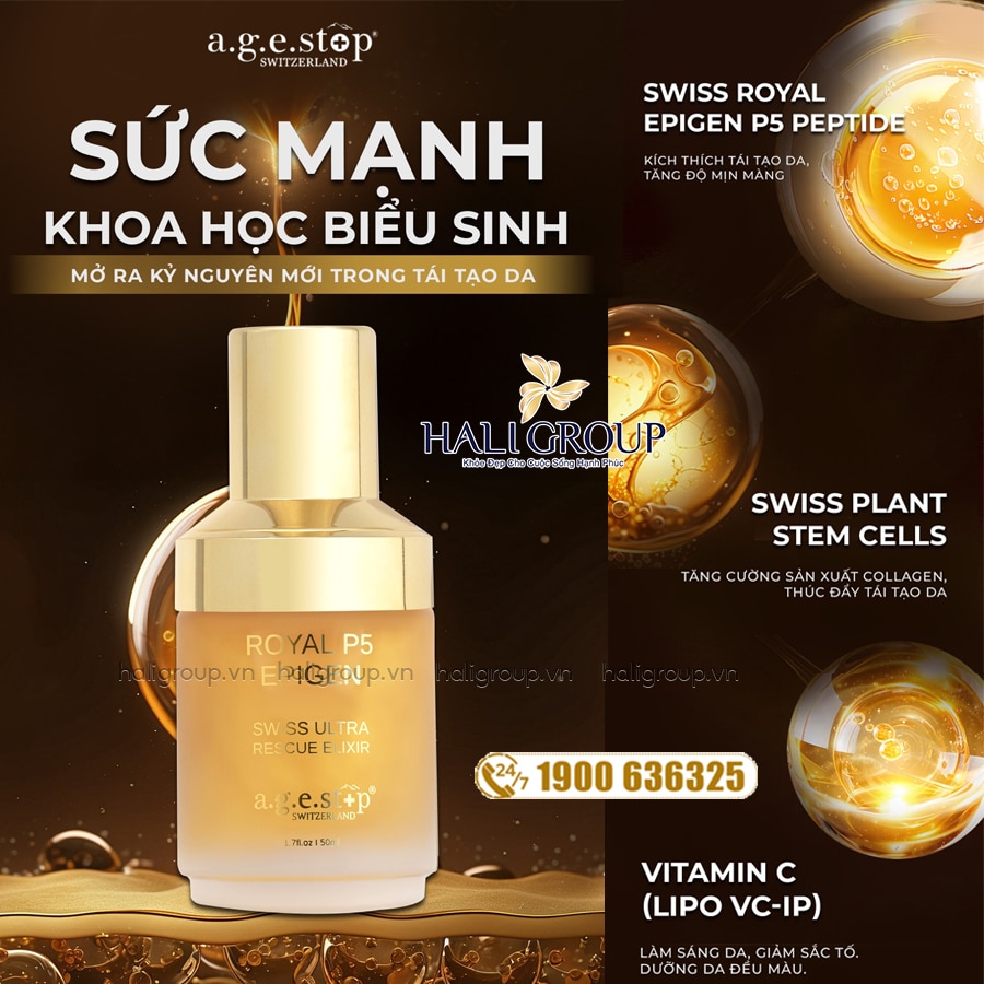 thành phần Tinh Chất P5 Siêu Mịn & Căng Mọng Làn Da Agestop Swiss P5 Royal Epigen Rescue Elixir