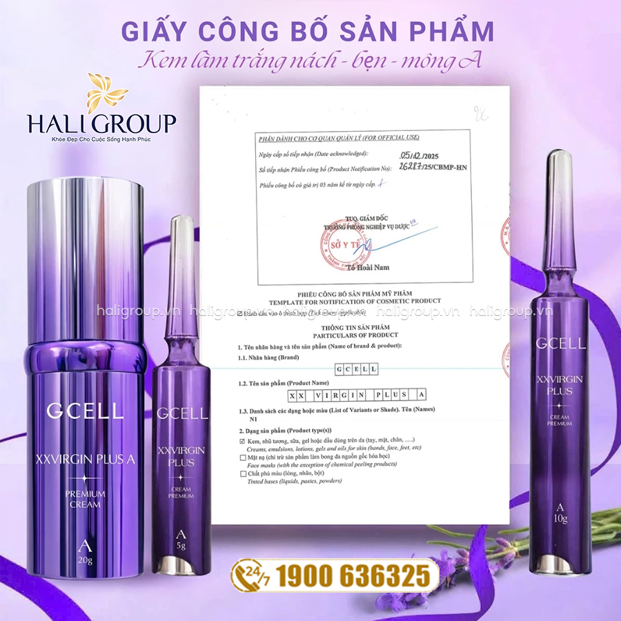 giấy công bố Kem Hồng Nách, Bẹn, Mông GCELL XX VIRGIN PLUS A 10g