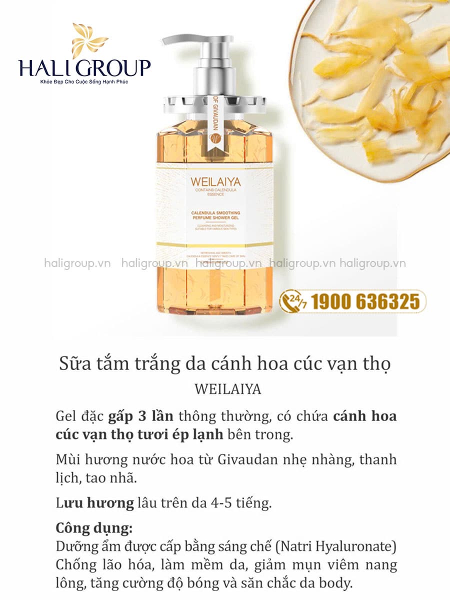 công dụng sữa tắm trắng da hoa cúc vạn thọ weilaiya