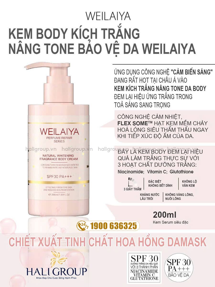 kem body kích trắng nâng tone bảo vệ da hoa hồng weilaiya