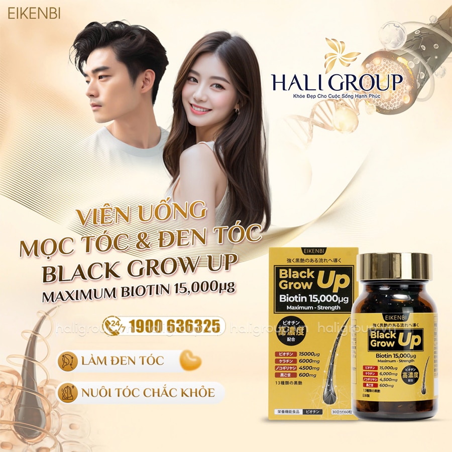 công dụng viên uống mọc tóc Eikenbi Black Grow Up Maximum Biotin 15000μg Nhật Bản