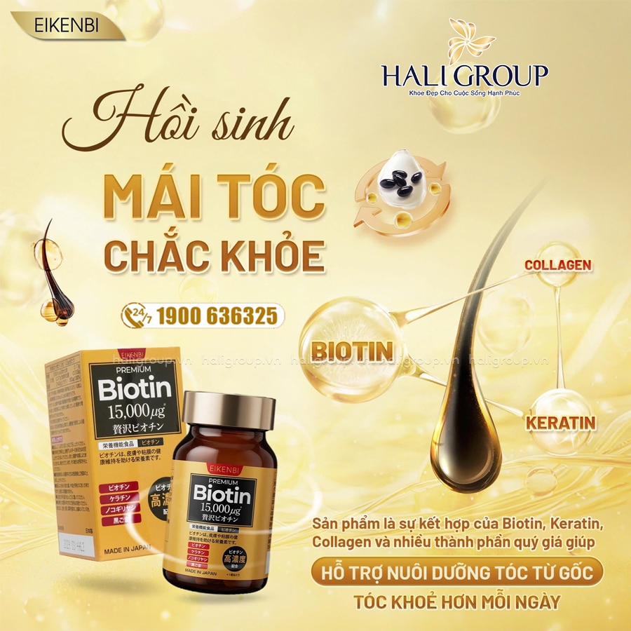 công dụng viên uống mọc tóc eikenbi premium biotin 15000μg mẫu mới