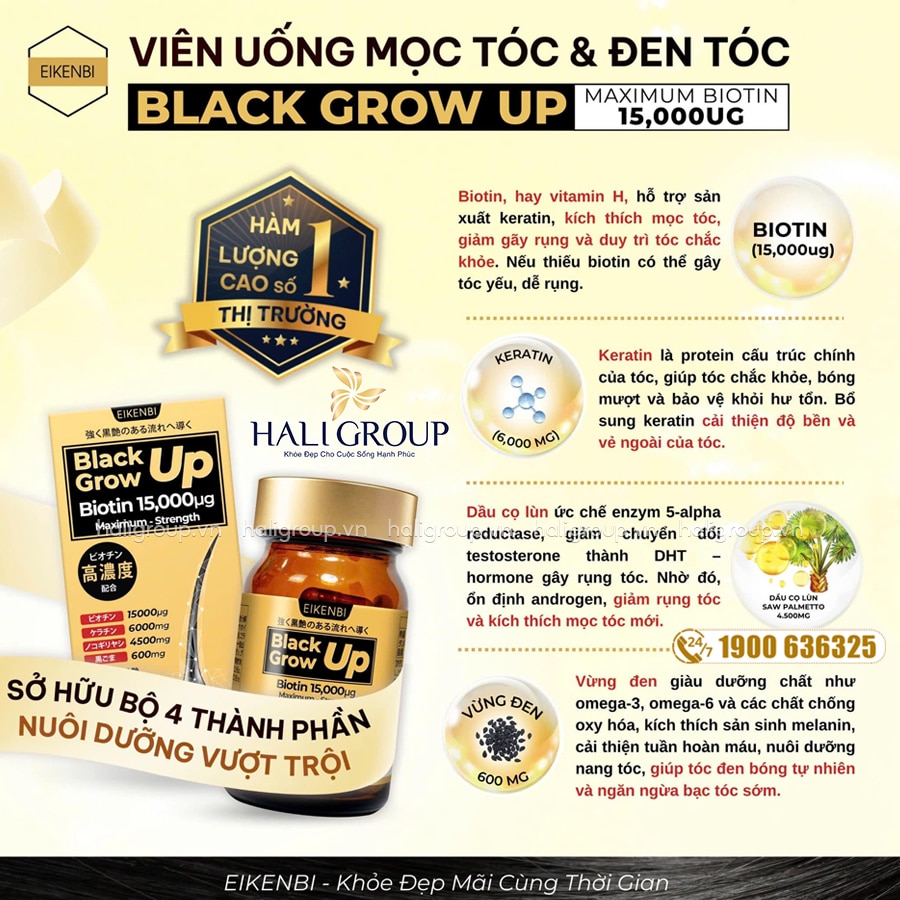 Viên Mọc Tóc Eikenbi Black Grow Up Maximum Biotin 15000μg Nhật Bản