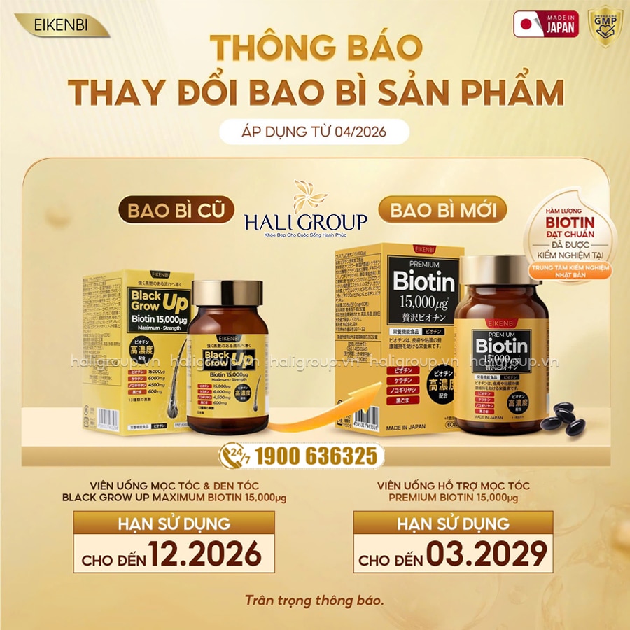 thông báo viên uống mọc tóc eikenbi premium biotin 15000μg mẫu mới