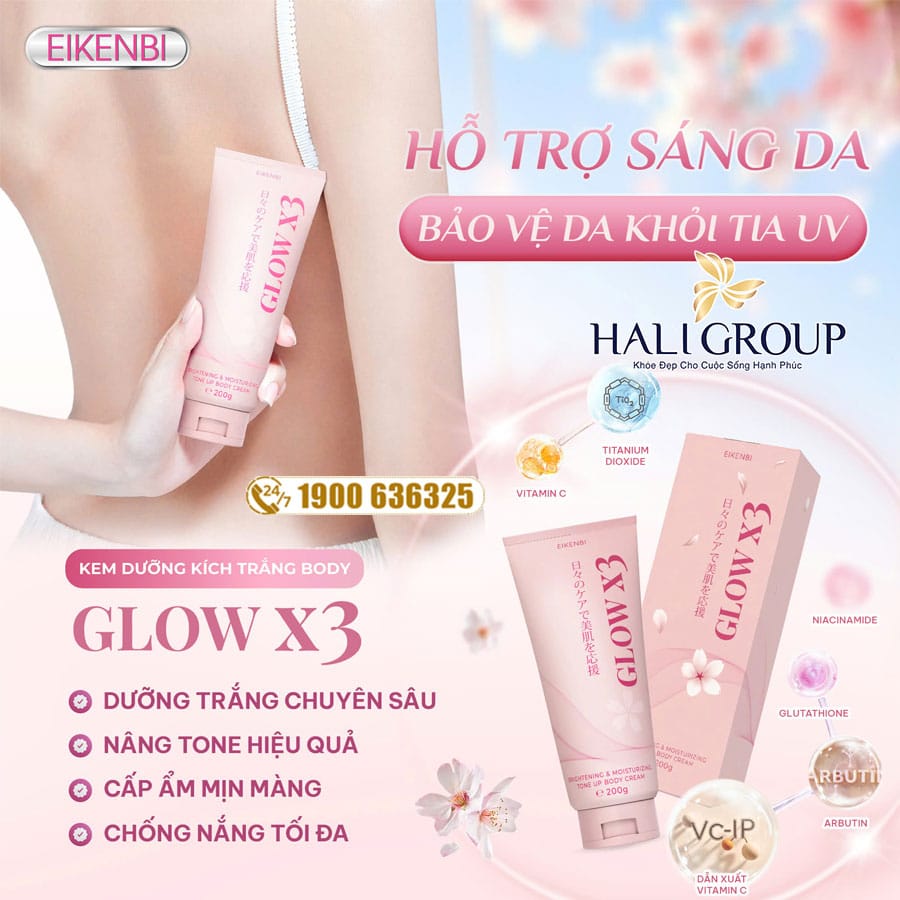 công dụng kem dưỡng trắng nâng tone body glow x3 eikenbi