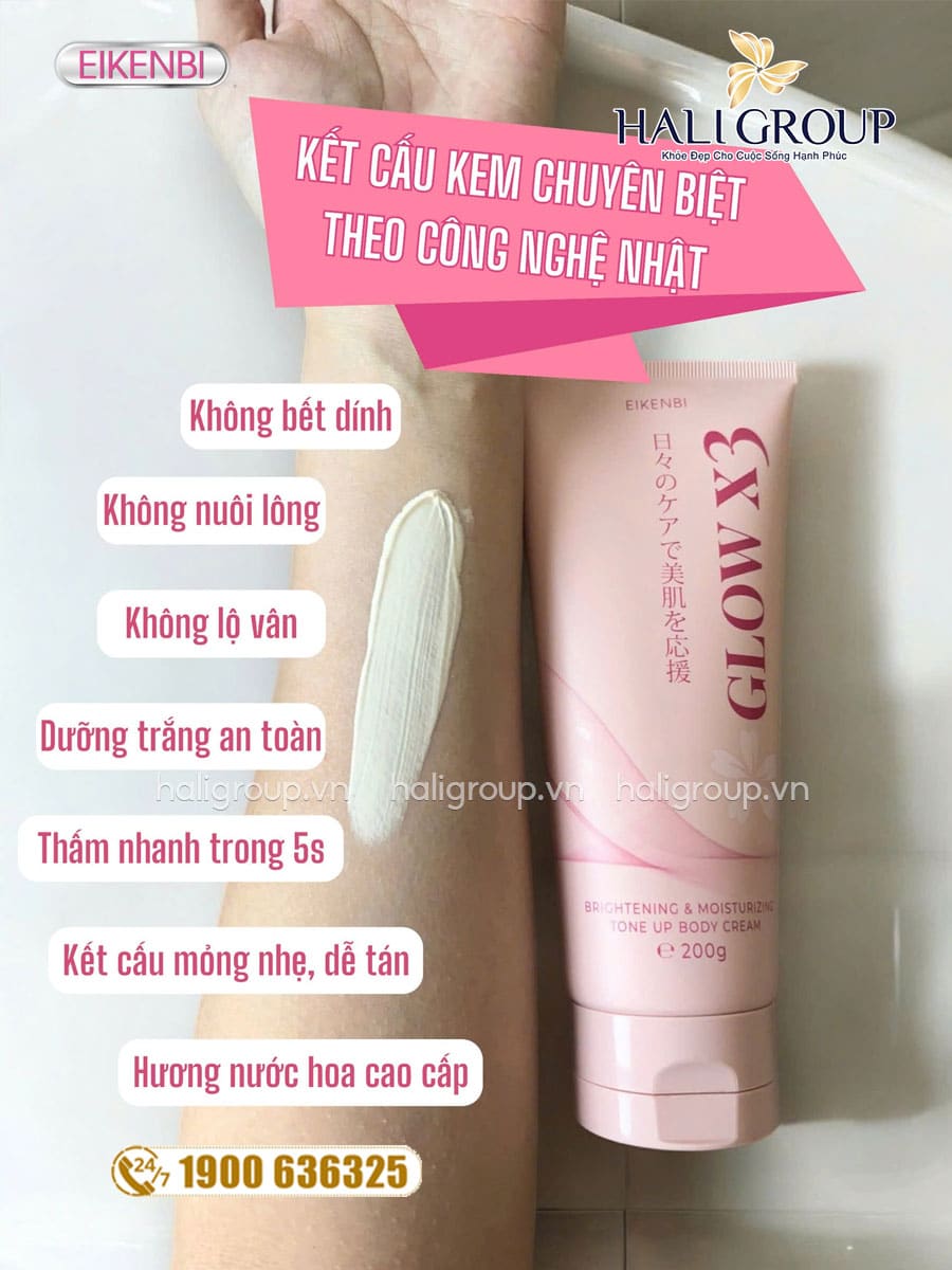 review kem dưỡng trắng nâng tone body glow x3 eikenbi