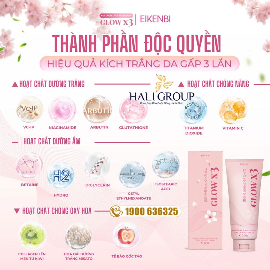 thành phần kem dưỡng trắng nâng tone body glow x3 eikenbi