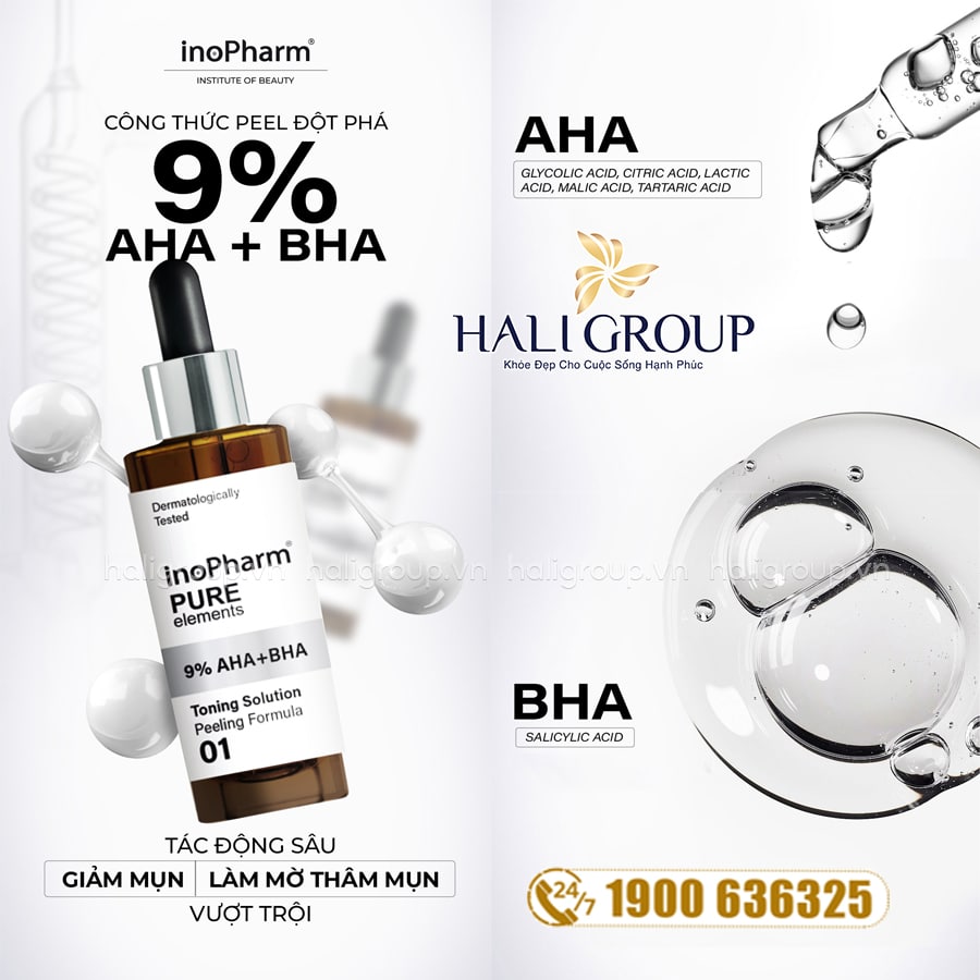 công dụng Peel Giảm Mụn Và Làm Mờ Thâm Mụn Inopharm 9% AHA + BHA Peeling Formula