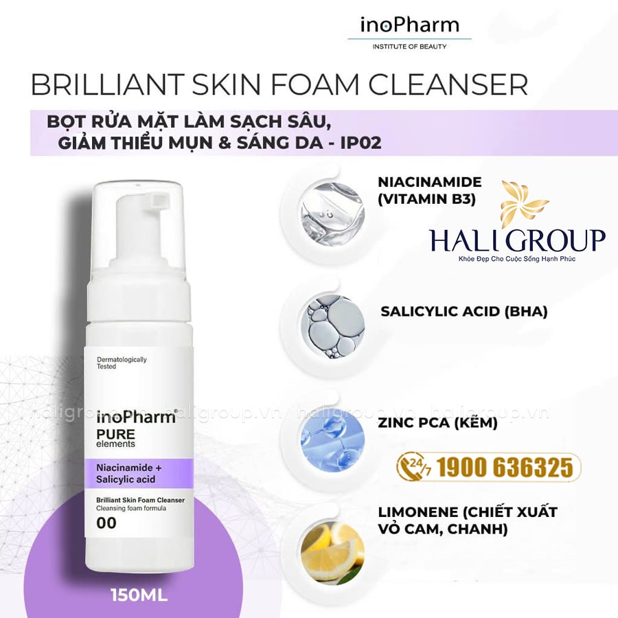 thành phần Bọt Rửa Mặt Làm Sạch Sâu, Ngăn Mụn & Sáng Da Inopharm Brilliant Skin Foam Cleanser