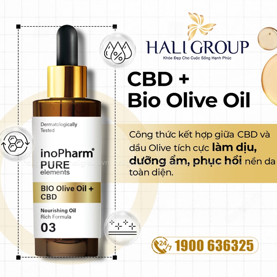 thành phần Tinh Chất Làm Dịu, Dưỡng Ẩm & Giảm Nếp Nhăn Inopharm CBD + Bio Olive Oil