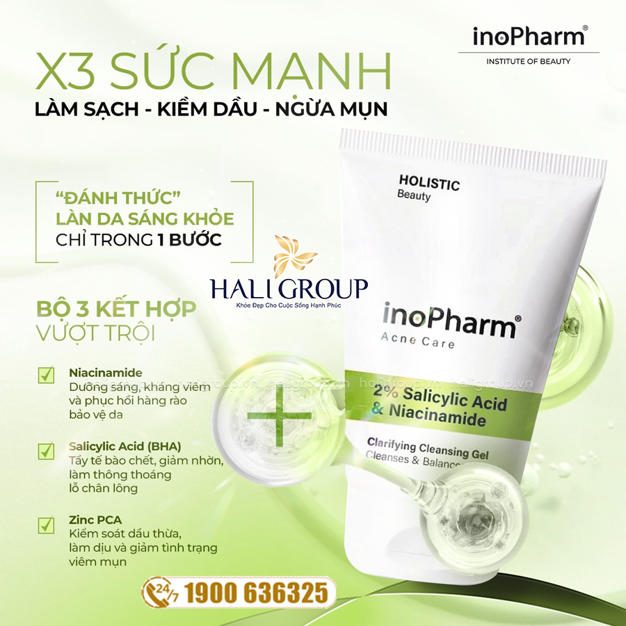 công dụng Gel Rửa Mặt Dịu Nhẹ Kiềm Dầu & Sáng Da Inopharm Acne Care Clarifying Cleansing Gel