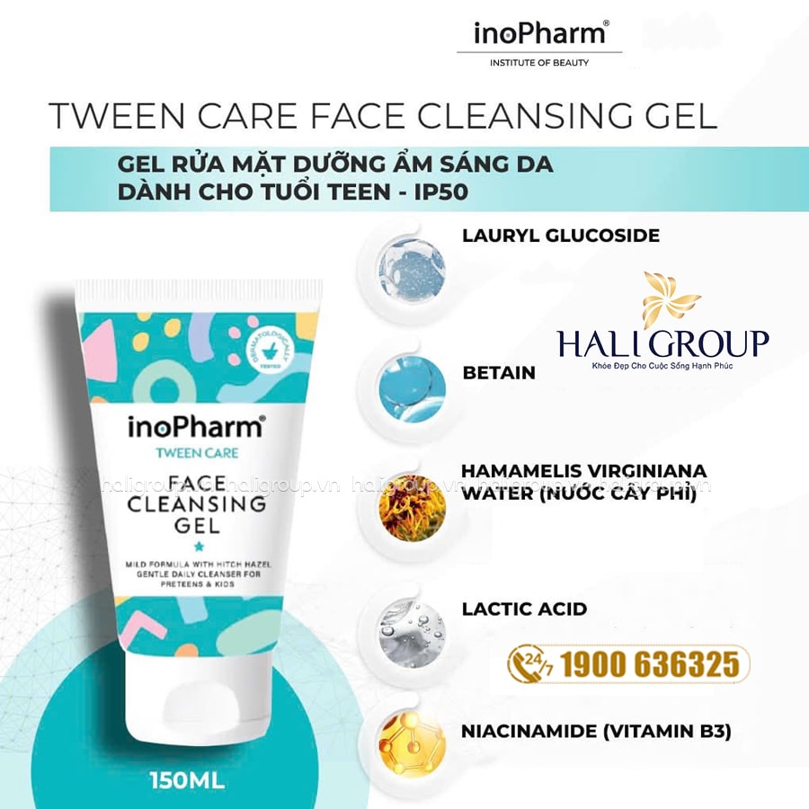 thành phần Gel Rửa Mặt Dưỡng Ẩm Sáng Da Dành Cho Tuổi Teen Inopharm Tween Care Face Cleansing Gel