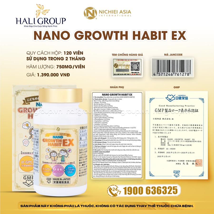 Thực phẩm bảo vệ sức khỏe Nano Growth Habit Ex Nichiei Asia Nhật Bản Hỗ Trợ Tăng Chiều Cao Cho Trẻ