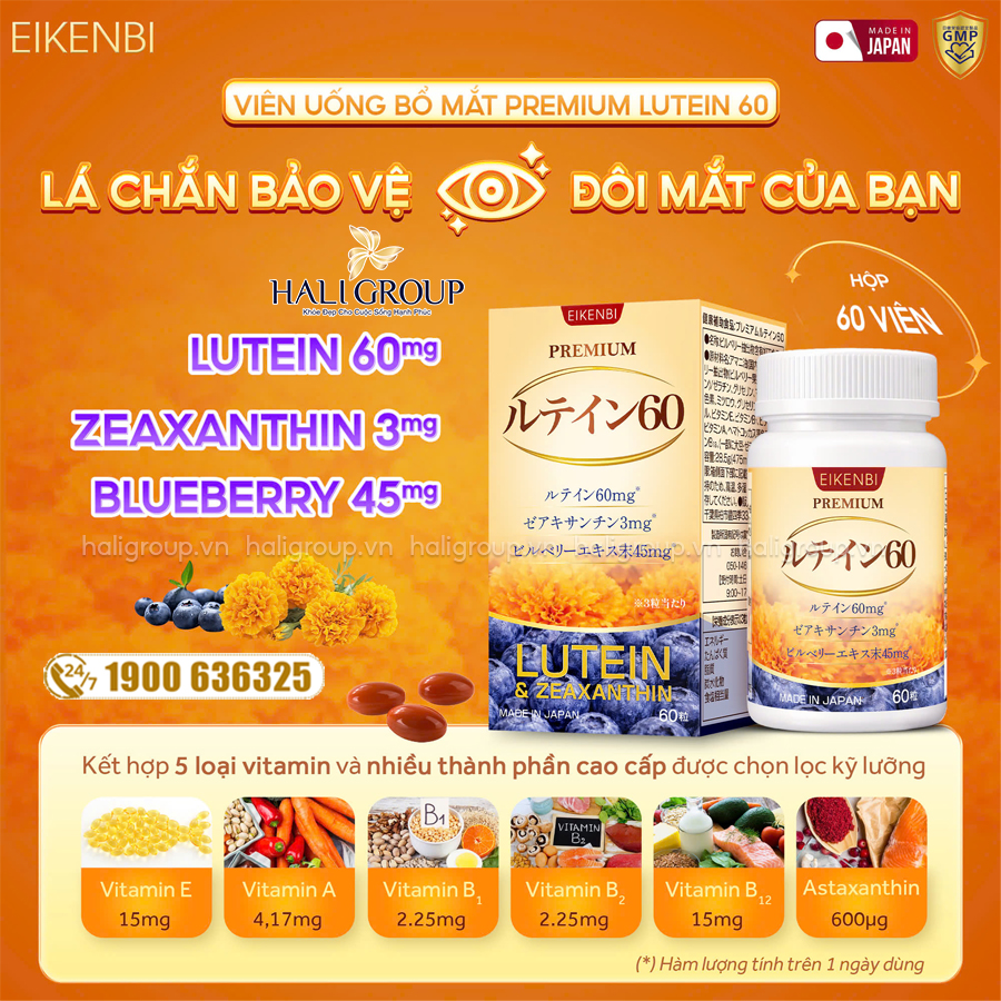 thành phần Viên Uống Bổ Mắt Eikenbi Premium Lutein 60 Nhật Bản